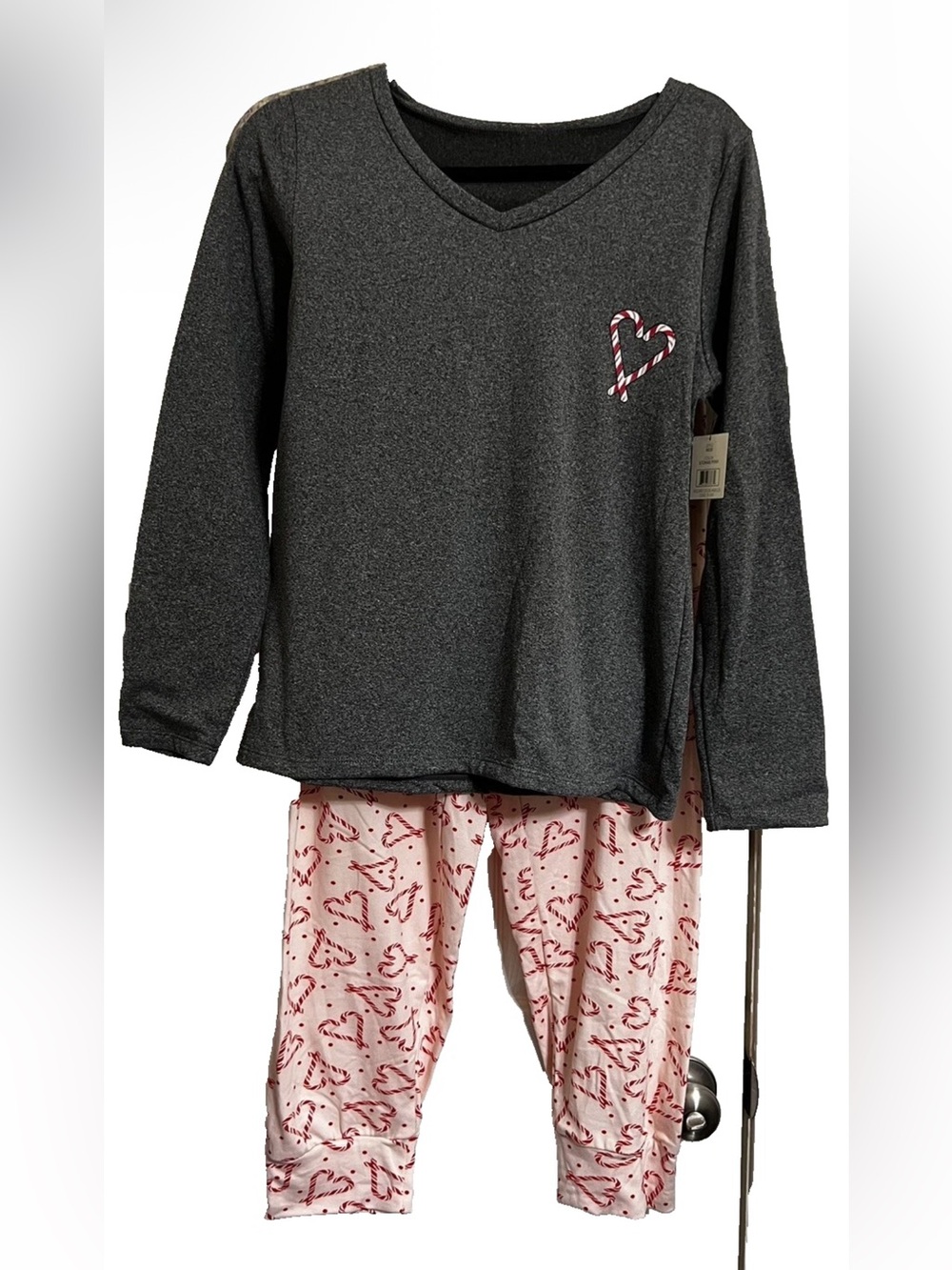 Jrs Teen Girls Size S Gray V-Neck Pajama Set Candy Heart Pants New Tags
